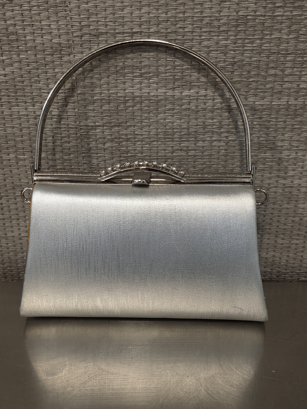 Vintage Style Silver Satin Evening Clutch Purse with Rhinestones & Top Handle